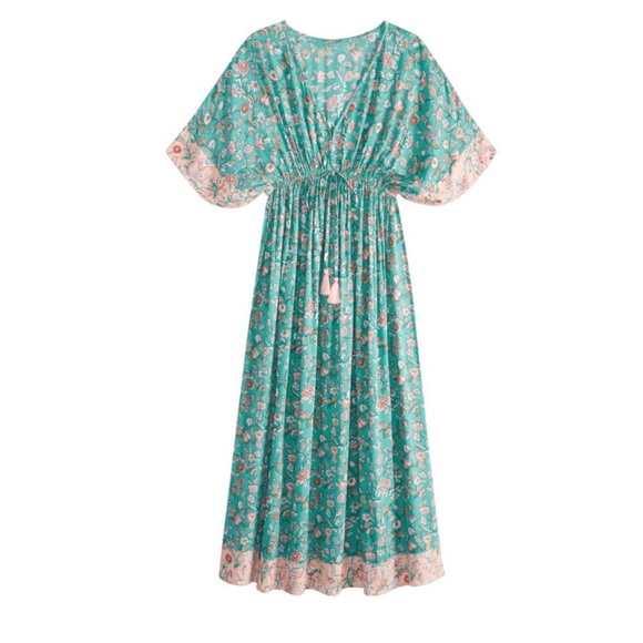 World Market Dresses & Skirts - World Market Teal And Blush Floral Mira Kaftan Dress